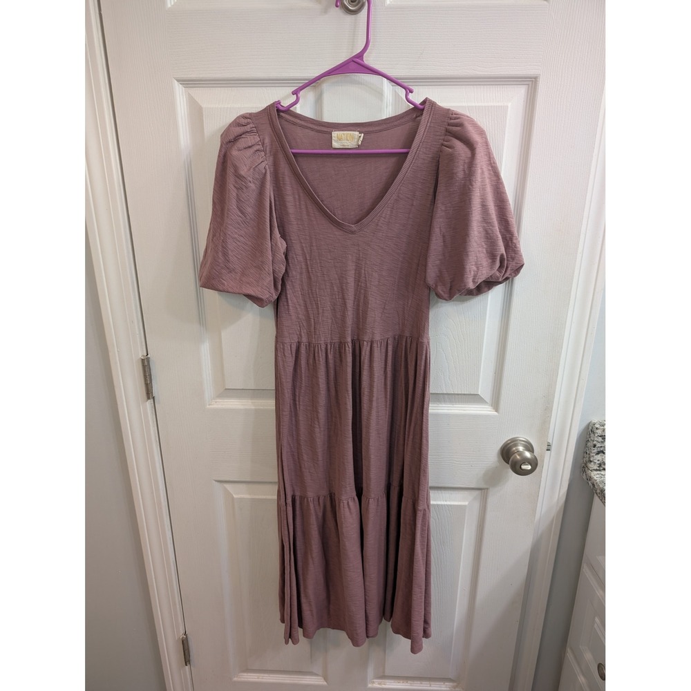 Nation LTD Geri‎ Tiered Midi Dress Womens Mauve Puff Sleeve Pima Cotton - Size S
